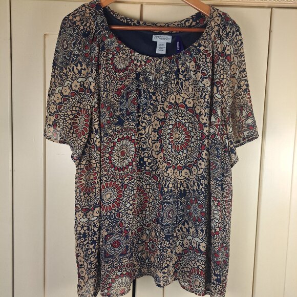 Maggie Barnes for Catherine's Navy Tan Boho Floral Semi Sheer Short Sleeve Top S - Picture 1 of 10